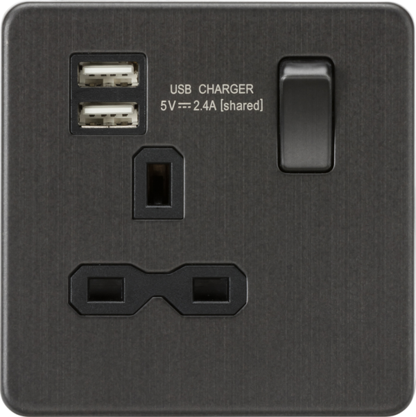 13A 1G SP Switched Socket with Dual USB A+A (5V DC 2.4A shared) - Smoked Bronze with Black Insert