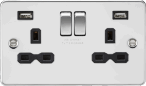 13A 2G SP Switched Socket with Dual USB A+A (5V DC 2.4A shared) - Polished Chrome with Black Insert