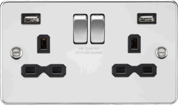 13A 2G SP Switched Socket with Dual USB A+A (5V DC 2.4A shared) - Polished Chrome with Black Insert