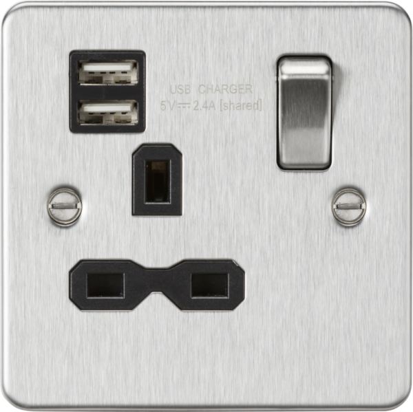 13A 1G SP Switched Socket with Dual USB A+A (5V DC 2.4A shared) - Brushed Chrome with Black Insert