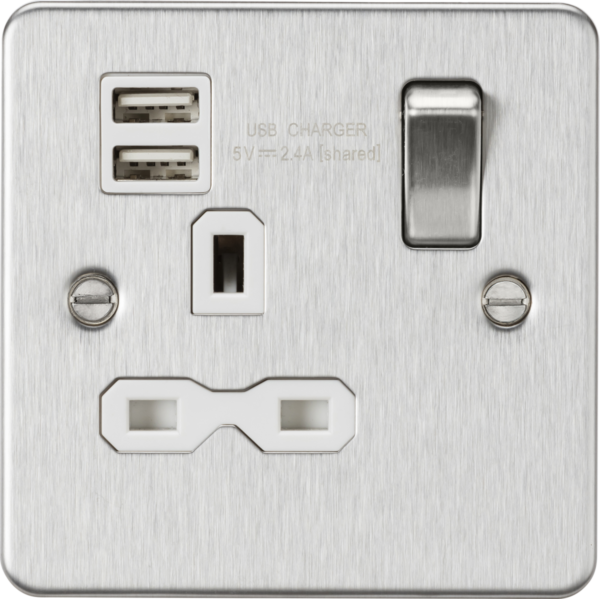 13A 1G SP Switched Socket with Dual USB A+A (5V DC 2.4A shared) - Brushed Chrome with White Insert
