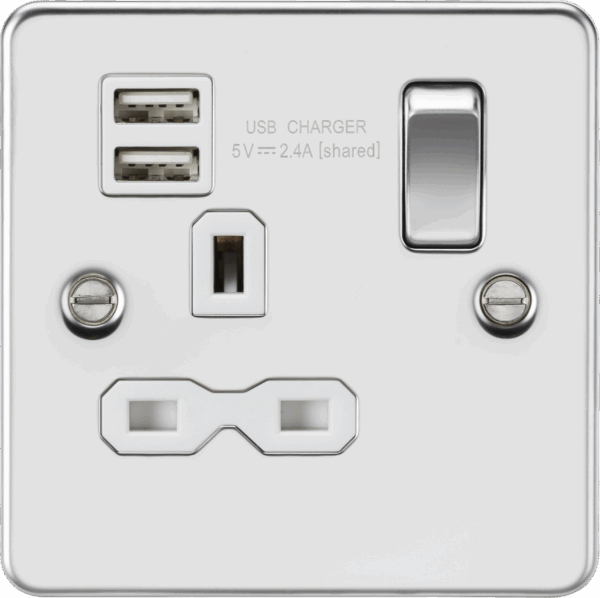 13A 1G SP Switched Socket with Dual USB A+A (5V DC 2.4A shared) - Polished Chrome with White Insert