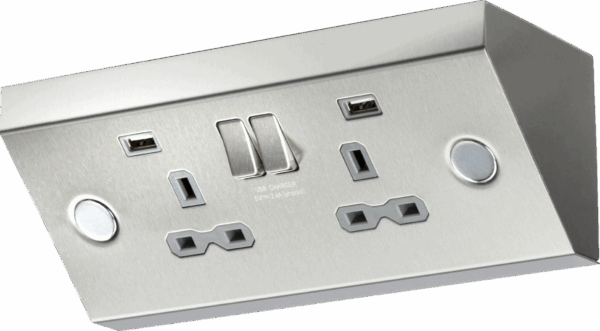 13A 2G Mounting Switched Socket with Dual USB Charger (2.4A) - Stainless Steel with grey insert