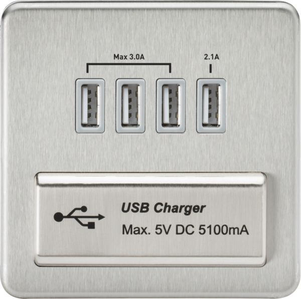230V Quad USB-A Charger Outlet (5V DC 5.1A shared) - Brushed Chrome with Grey Insert