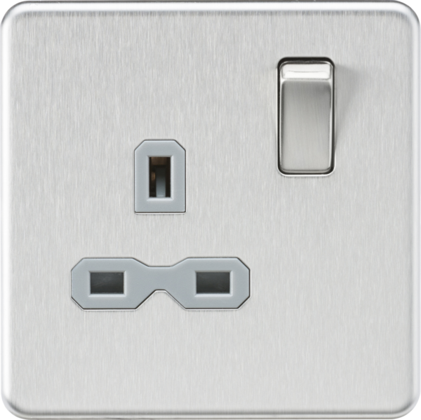 13A 1G DP Switched Socket - Brushed Chrome with Grey Insert