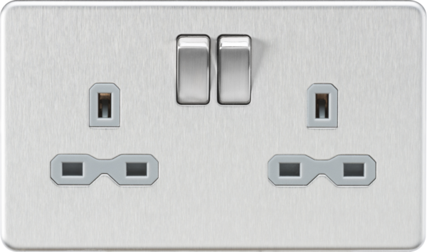 13A 2G DP Switched Socket with Twin Earths - Brushed Chrome with Grey Insert