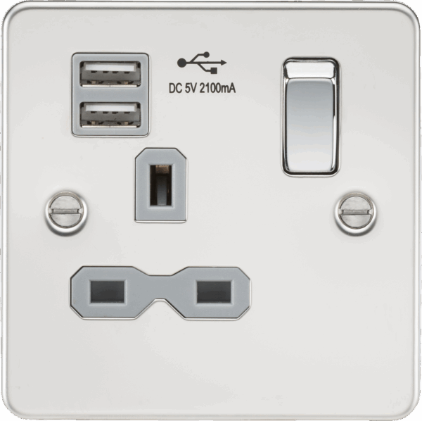 13A 1G SP Switched Socket with Dual USB A+A (5V DC 2.1A shared) - Polished Chrome with Grey Insert