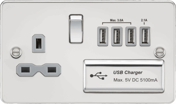 13A Switched Socket with Quad USB-A (5V DC 5.1A shared) - Polished Chrome with Grey Insert