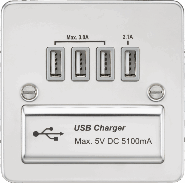 230V Quad USB-A Charger Outlet (5V DC 5.1A shared) - Polished Chrome with Grey Insert