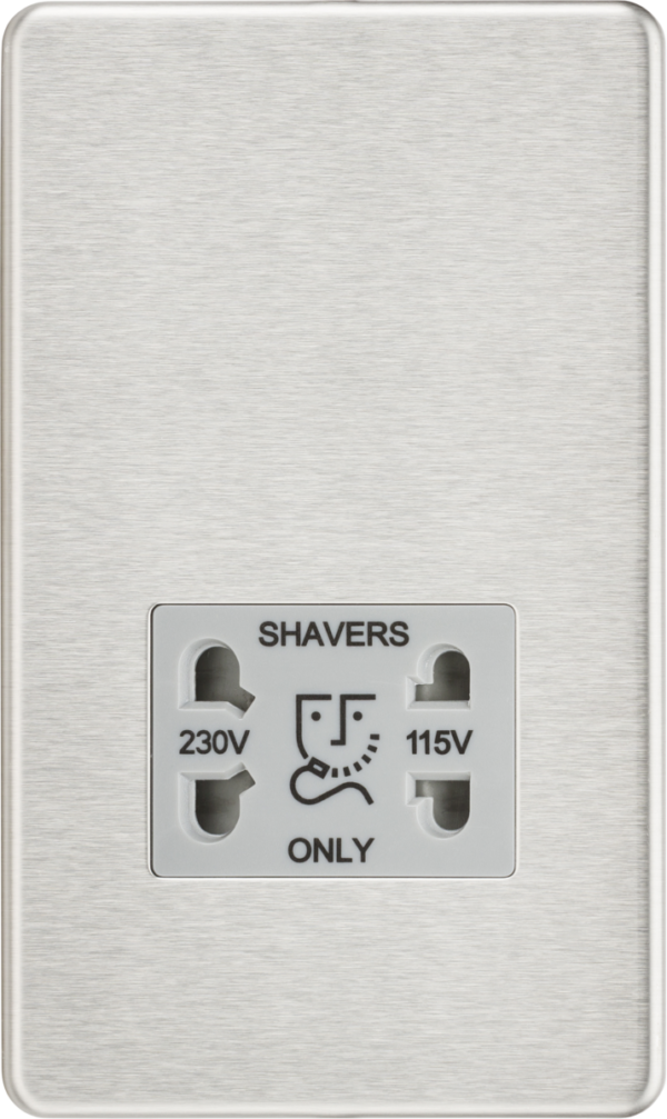 115/230V Dual Voltage Shaver Socket - Brushed Chrome with Grey Insert