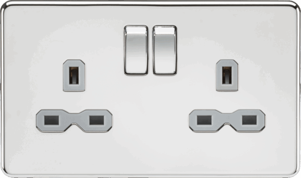13A 2G DP Switched Socket with Twin Earths - Polished Chrome with Grey Insert