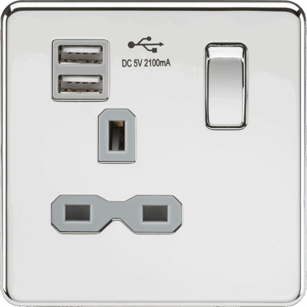 13A 1G SP Switched Socket with Dual USB A+A (5V DC 2.1A shared) - Polished Chrome with Grey Insert