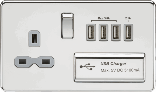 13A Switched Socket with Quad USB-A (5V DC 5.1A shared) - Polished Chrome with Grey Insert