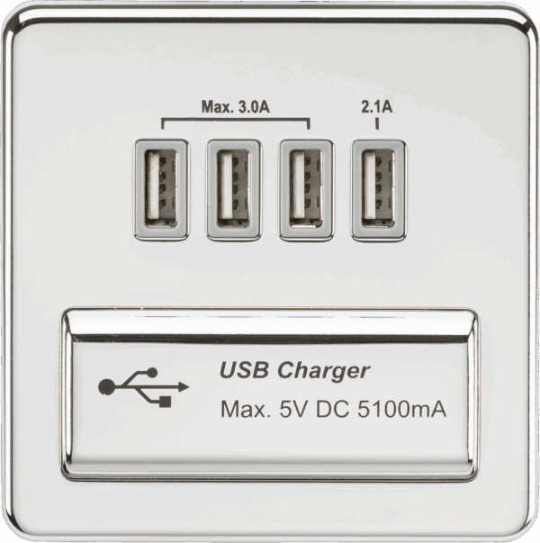 230V Quad USB-A Charger Outlet (5V DC 5.1A shared) - Polished chrome with grey insert