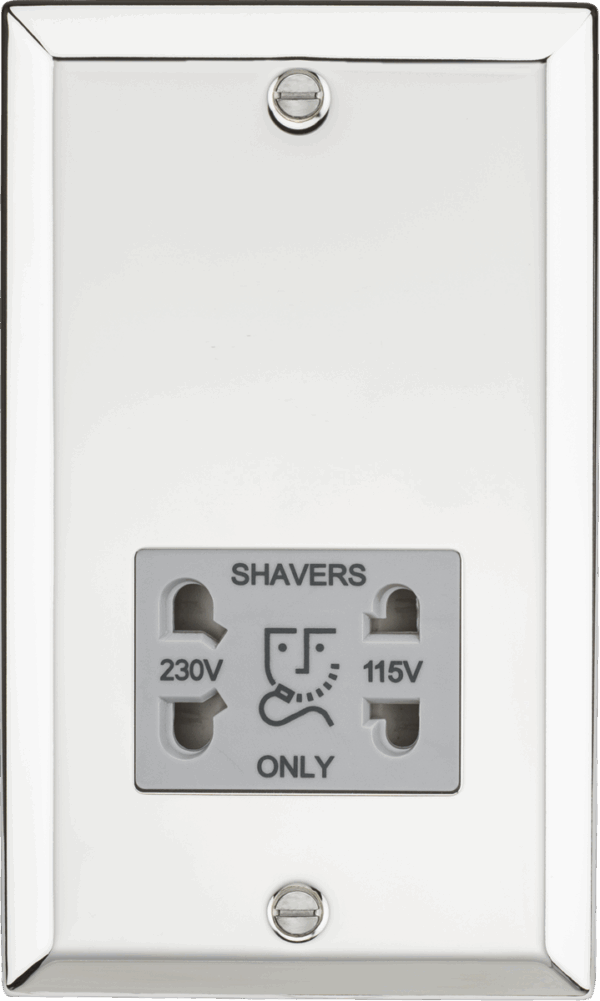 115-230V Dual Voltage Shaver Socket with Grey Insert - Bevelled Edge Polished Chrome