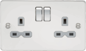 13A 2G DP Switched Socket with Twin Earths - Polished Chrome with Grey Insert