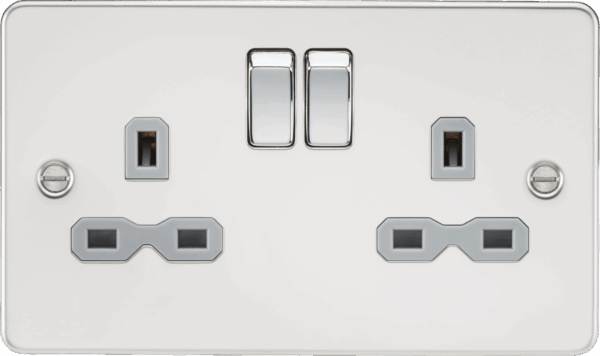 13A 2G DP Switched Socket with Twin Earths - Polished Chrome with Grey Insert