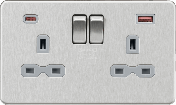 13A 2G DP Switched Socket with Dual USB A+C 20V DC 2.25A (Max. 45W) - Brushed Chrome w/Grey Insert