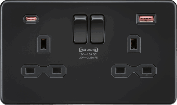 13A 2G DP Switched Socket with Dual USB A+C 20V DC 2.25A (Max. 45W) - Matt Black with Black Insert