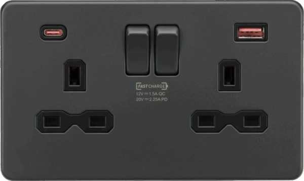 13A 2G DP Switched Socket with Dual USB A+C 20V DC 2.25A (Max. 45W) - Anthracite with Black Insert