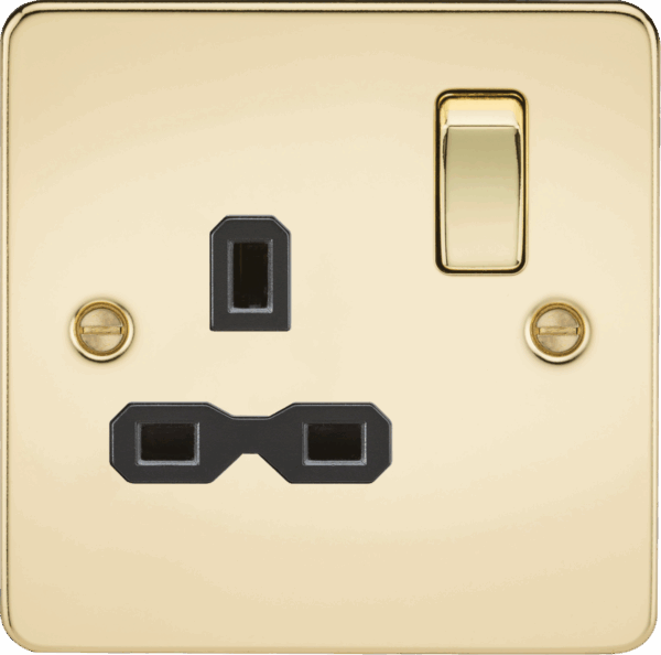 13A 1G DP Switched Socket - Polished Brass with Black Insert