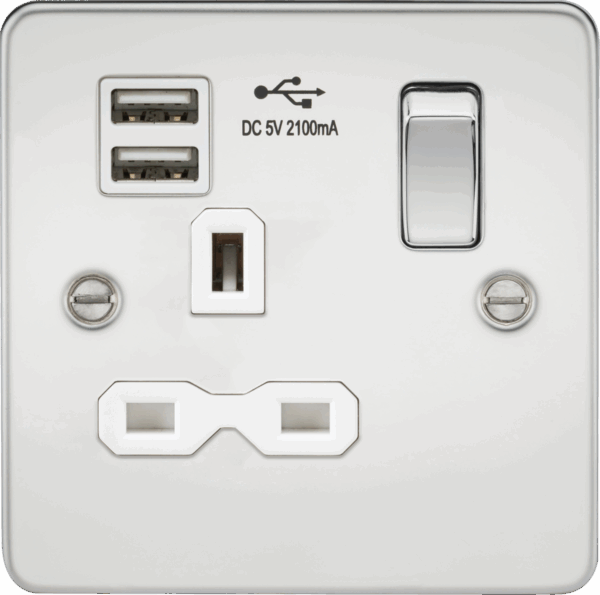 13A 1G SP Switched Socket with Dual USB A+A (5V DC 2.1A shared) - Polished Chrome with White Insert