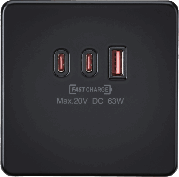 230V Triple USB Charger Plate 2xUSB-C 1xUSB-A [20V DC Max. 63W] - Matt Black