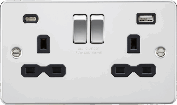 13A 2G SP Switched Socket with Dual USB A+C (5V DC 4.0A shared) - Polished Chrome with Black Insert