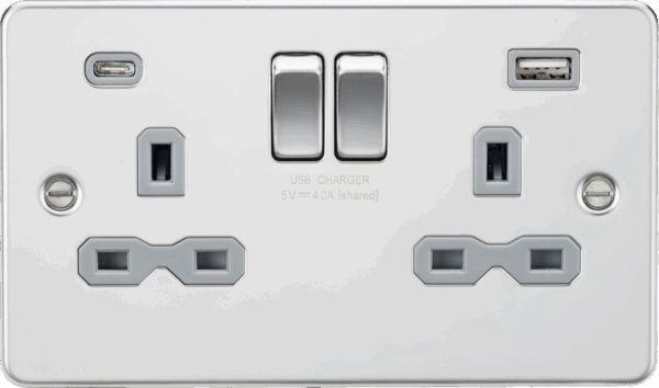 13A 2G SP Switched Socket with Dual USB A+C (5V DC 4.0A shared) - Polished Chrome with Grey Insert