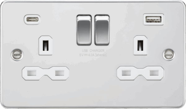 13A 2G SP Switched Socket with Dual USB A+C (5V DC 4.0A shared) - Polished Chrome with White Insert
