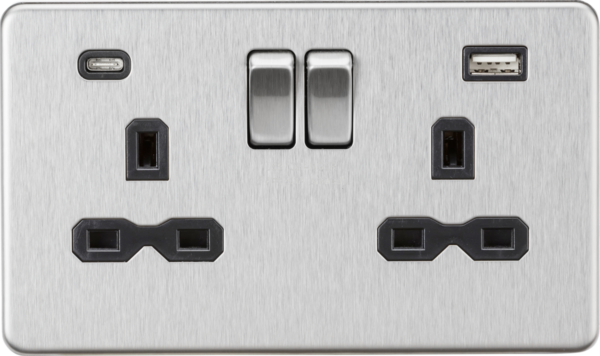 13A 2G SP Switched Socket with Dual USB A+C (5V DC 4.0A shared) - Brushed Chrome with Black Insert
