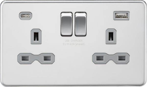 13A 2G SP Switched Socket with Dual USB A+C (5V DC 4.0A shared) - Polished Chrome with Grey Insert