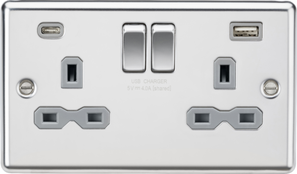 13A 2G SP Switched Socket with dual USB C+A 5V DC 4.0A [shared] - Polished Chrome with grey insert
