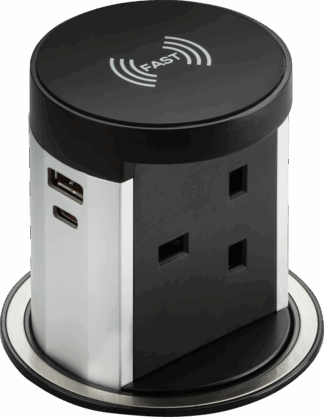 13A Pop up Socket with 10W Wireless Charger and Dual USB A+C (12V DC 1.5A) Max. 30W