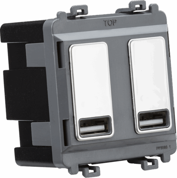 Dual USB charger module (2 x grid positions) 5V 2.4A (shared) - polished chrome