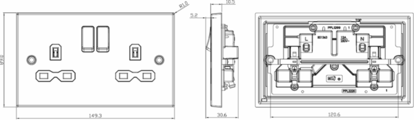 13A 2G DP Switched Socket with Twin Earths - Brushed Chrome with Grey Insert - Image 2