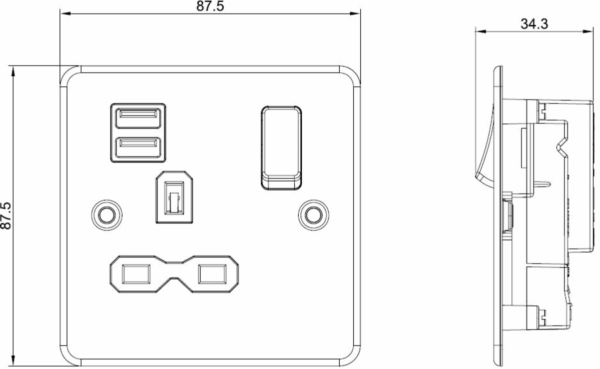 13A 1G SP Switched Socket with Dual USB A+A (5V DC 2.4A shared) - Polished Chrome with White Insert - Image 2