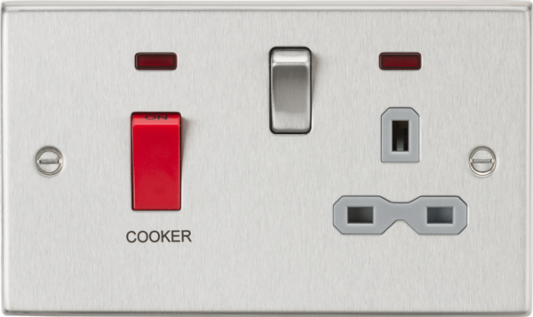 45A DP Switch & 13A Socket with Neons - Brushed Chrome with Grey Insert