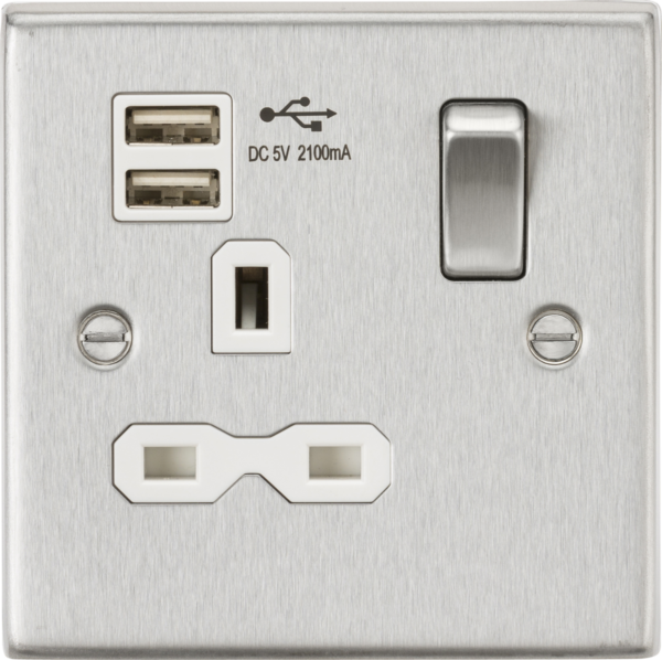 13A 1G SP Switched Socket with Dual USB A+A (5V DC 2.1A shared) - Brushed Chrome with White Insert