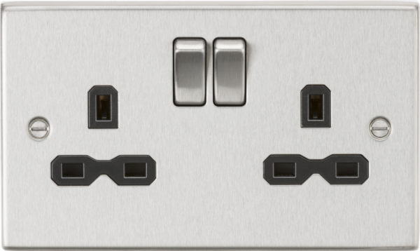 13A 2G DP Switched Socket with Twin Earths - Brushed Chrome with Black Insert
