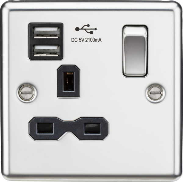 13A 1G SP Switched Socket with Dual USB A+A (5V DC 2.1A shared) - Polished Chrome with Black Insert