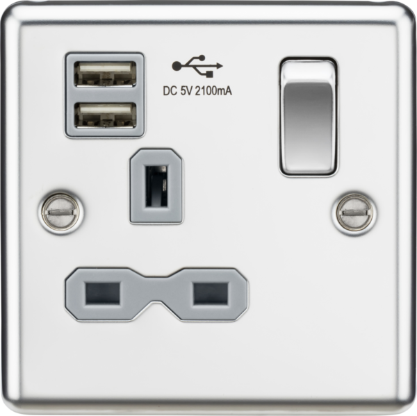13A 1G SP Switched Socket with Dual USB A+A (5V DC 2.1A shared) - Polished Chrome with Grey Insert