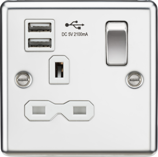 13A 1G SP Switched Socket with Dual USB A+A (5V DC 2.1A shared) - Polished Chrome with White Insert