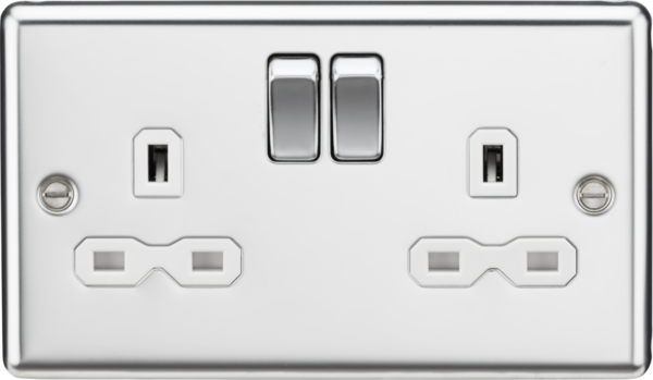 13A 2G DP Switched Socket with Twin Earths - Polished Chrome with White Insert