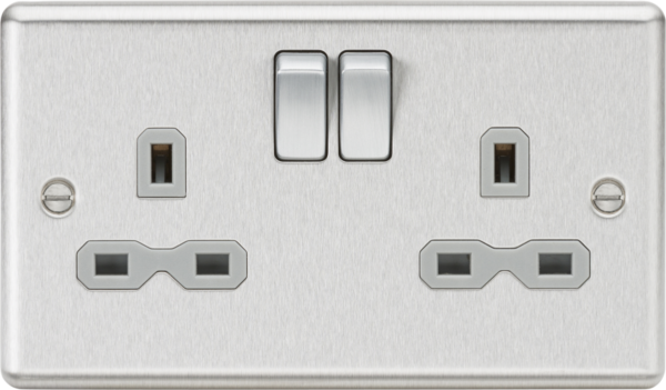 13A 2G DP Switched Socket with Twin Earths - Brushed Chrome with Grey Insert