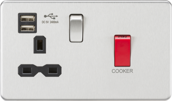 45A DP Switch & 13A Socket with Dual USB A+A (5V DC 2.4A shared) - Brushed Chrome with Black Insert