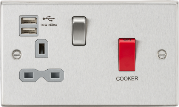 45A DP Switch & 13A Socket with Dual USB A+A (5V DC 2.4A shared) - Brushed Chrome with Grey Insert