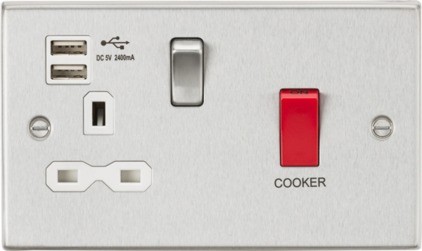 45A DP Switch & 13A Socket with Dual USB A+A (5V DC 2.4A shared) - Brushed Chrome with White Insert