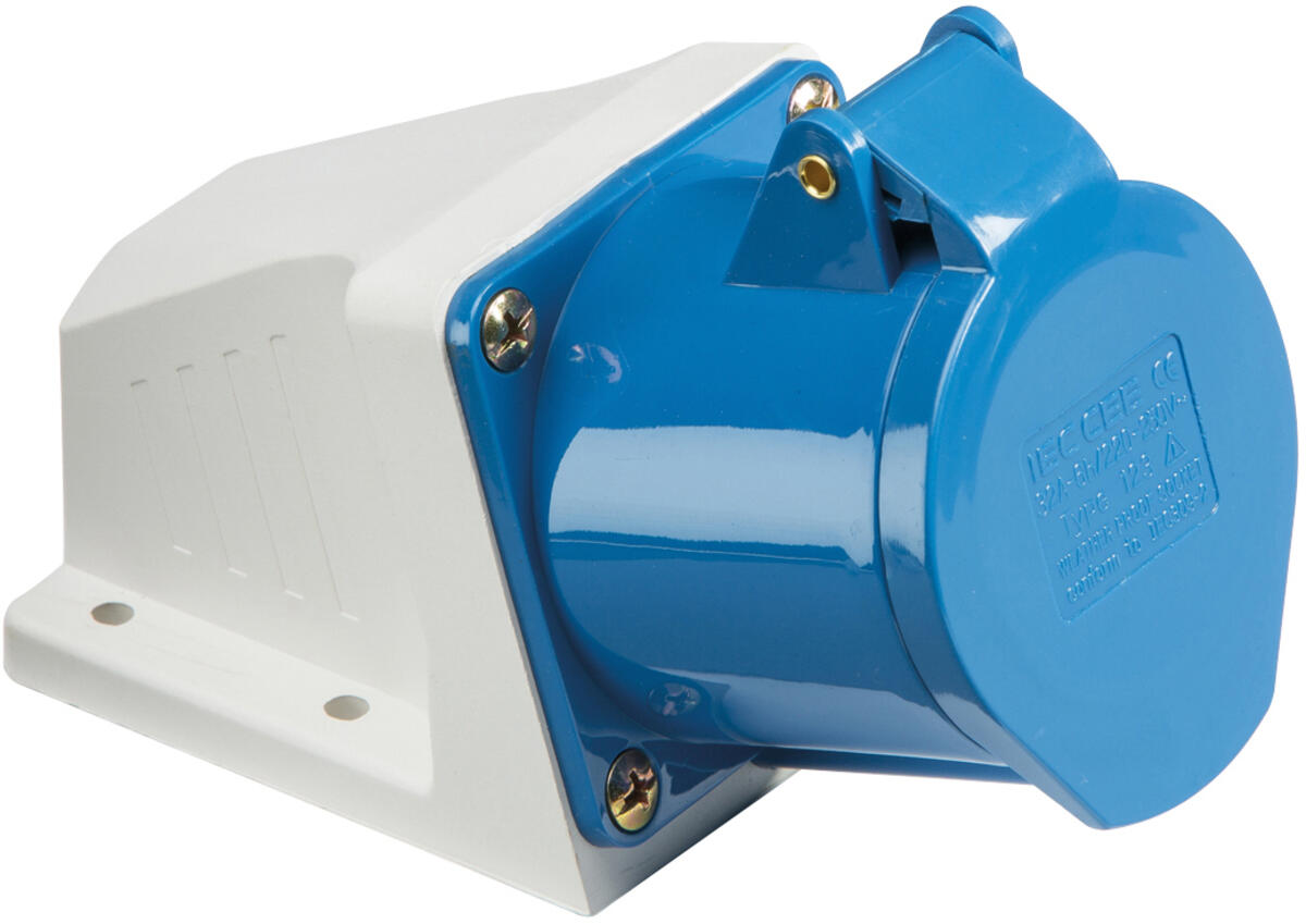 240V IP44 16A Angled Surface Mount Socket 2P+E - Vivid Lightworks