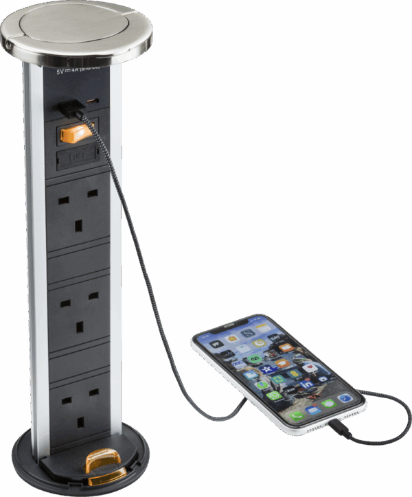IP54 3G pop-up socket with dual USB charger  A+C (FASTCHARGE) - Brushed chrome Cap